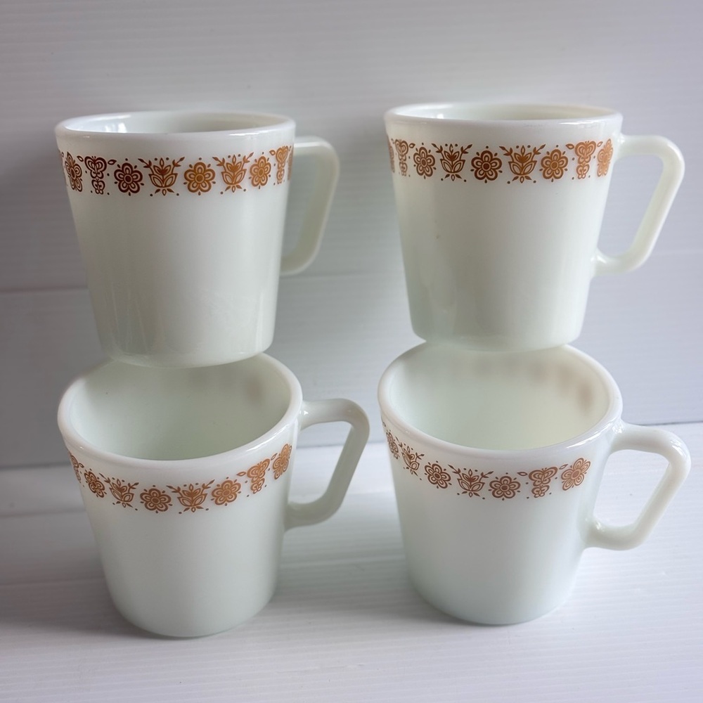 Vintage Pyrex Milk Glass Mugs Set of 4 Brown Floral USA